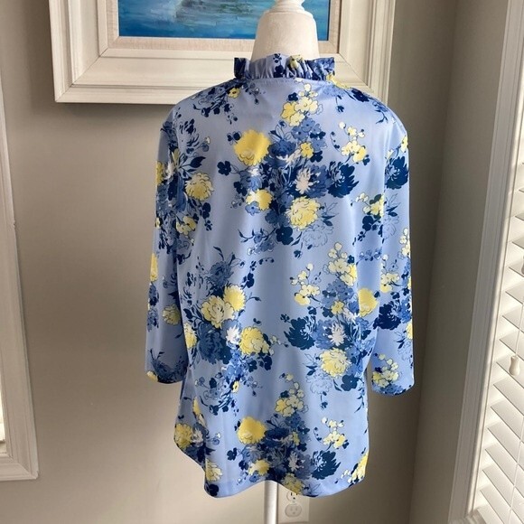 Vintage Bend Over Blue Yellow Floral Ruffle Vneck Blouse Large - Picture 7 of 11